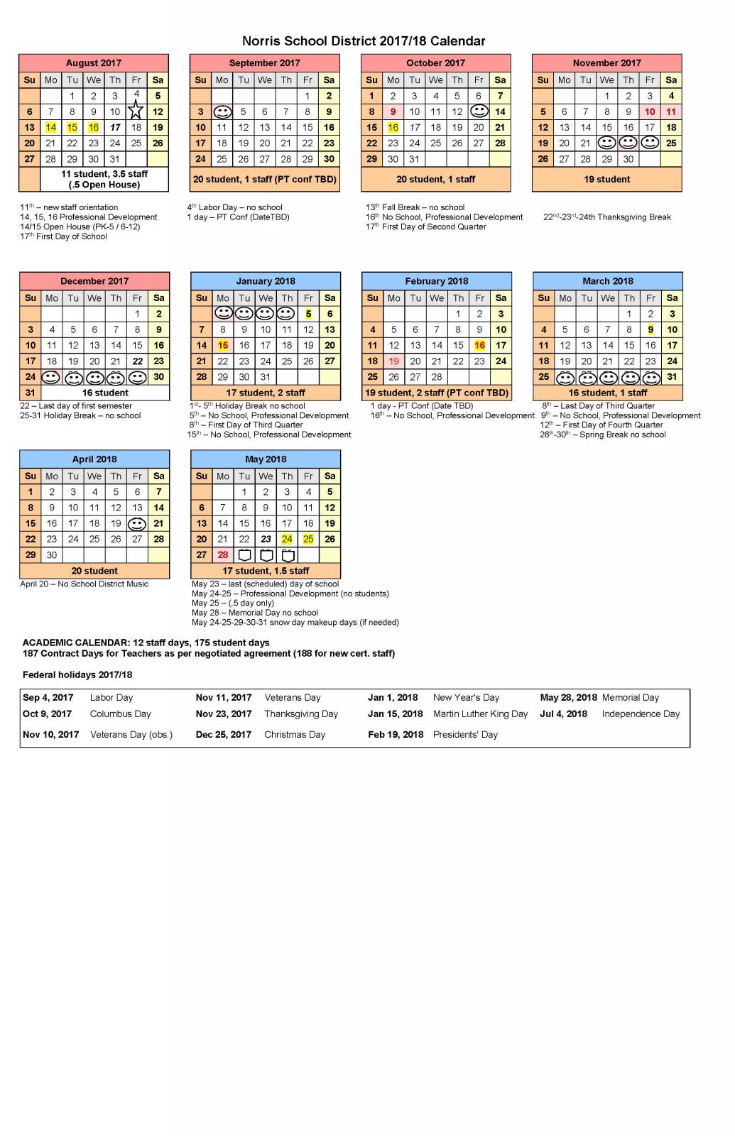 Norris 2017 18 School Year Calendar Norris School District